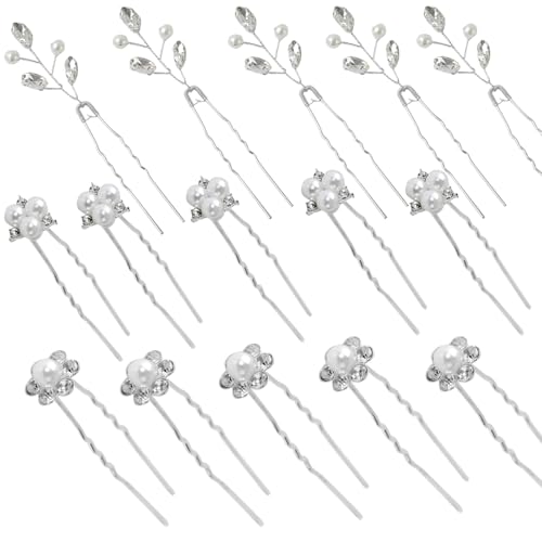 QXUJI 15PCS Pearl Hair Pins, Bridal Rhinestone Bobby Pins, Silver