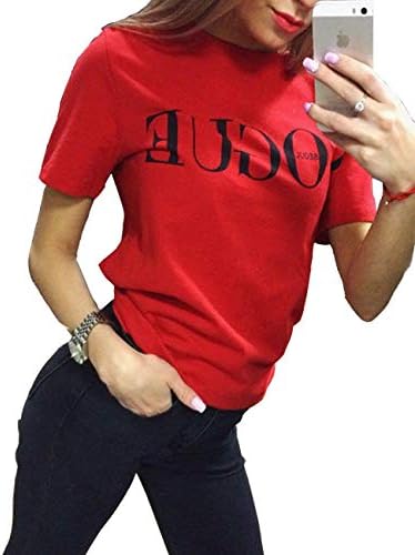 Women's Oversize Letter Prited Cotton Summer Tank Tops Short Sleeve Vogue Graphic Tee Shirts(RE-L) Red