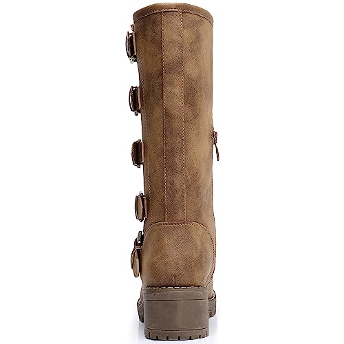 Image of GLOBALWIN Chunky Mid Calf Fashion Dressy Motocycle Biker Military Style Combat Boots for Women Low Heel