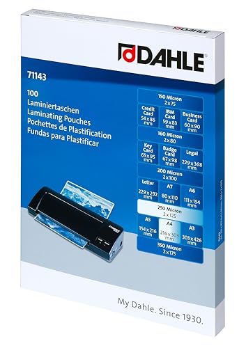 Dahle Laminating Pouches A4, 250 Micron (2 x 125) – Pack of 100 – High Quality Protection for Important Documents and Photos, Glossy