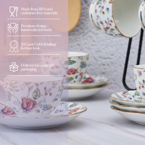 Image of GOLDEN QUEEN'S Cup & Saucer Set | Perfect for Hosting & for Tea /Coffee Lovers | Handcrafted in India, Inspired by Florals & 24-Carat Gold Rim | 6 Cups & 6 Saucers |170 ml - Pink Shrub