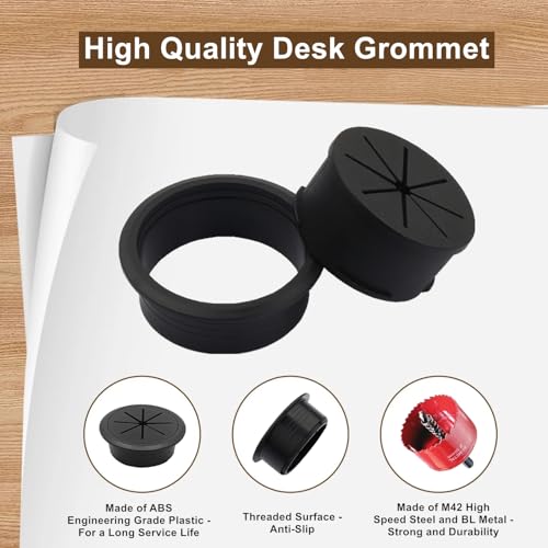 Image of 8 Pack Desk Grommet 2 Inch (50 mm), Desk Hole Cover for Cables, Black Desk Cord Hole Cover for Office Home Table, Cable Grommet with 1 Hole Saw Drill Attachment & 10 Cable Ties