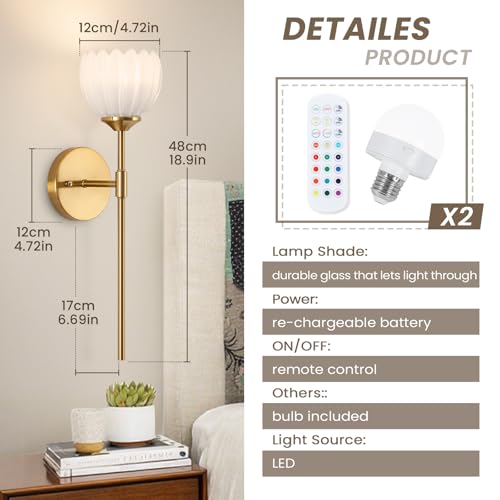 Image of Vintage Battery Operated Wall Sconce Set of 2, Wall Lights with RGB Dimmable Bulbs and Remote,Rechargeable LED Wireless Wall Lamps for Living Room Hallway Bedroom