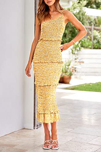 Image of PRETTYGARDEN Women's Summer Midi Bodycon Dresses One Shoulder Strappy Tiered Ruffle Floral Boho Sun Dress