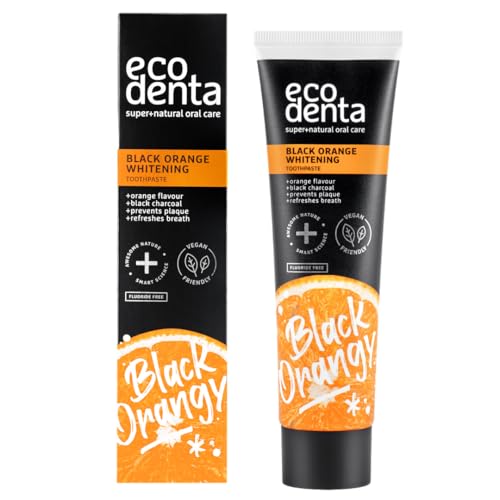 Ecodenta Aktivkohle Zahnpasta Weisse Zähne Ohne Fluorid I Schwarze Kohle Zahncreme Zahnaufhellung I Black Activated Charcoal Teeth Whitening Toothpaste Orangengeschmack 100ml