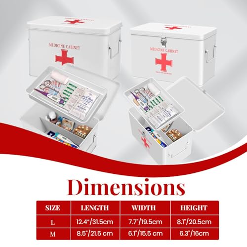 Image of Flexzion First Aid Box Organizer Empty with Lock - 13 inch White Vintage First Aid Kit Tin Metal Medical Box - First Aid Storage Bin Container with Dividers, Removable Tray and Red Cross Logo