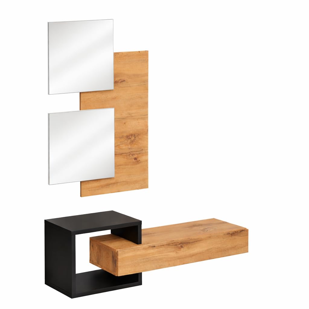 Arreditaly Set Ingresso Moderno Con Specchi Pensile A Giorno Mensola Con Cassetto Salvaspazio Mobile Da Parete Design Nordico Per Corridoio Zona Living 100 x 160 x 30 Cm (Nero e Rovere)