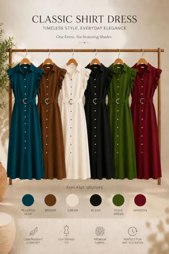 Image of OOMPH! Women's Shirt Midi Dress | Ruffle Sleeves | Button-Down Front | Waist Belt Detail | Collared Neck Casual & Vacation Dress
