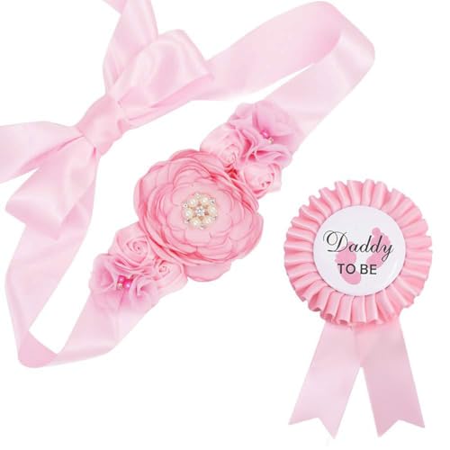 Image of xuzhiyuan Blue Mommy to Be & Daddy to Be Ribbons Flower Belly Belt Set - Ideal for Baby Shower Celebrations-C