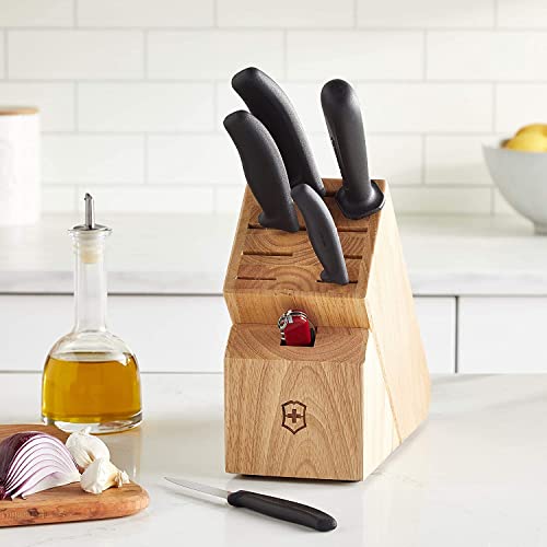 Image of Victorinox Swiss Classic Knife Block - Kitchen Knife Set with Block for Home Essentials - Includes Chef's Knife, Bread Knife, Honing Steel & Pocket Knife - Black Handles, 7-Piece Set