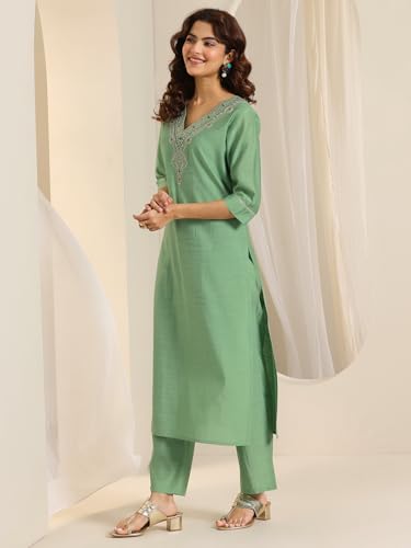 Image of Libas Green Yoke Design Silk blend Straight Kurta set for Women | daily wear suit