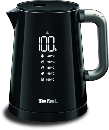 Tefal Bouilloire électrique, Ébullition rapide, 1 L, Arrêt Automatique, Filtre amovible, Ecran numérique, 5 températures, Maintien au chaud 30 min, Intérieur inox, Smart'N Light, Noire, KO854830