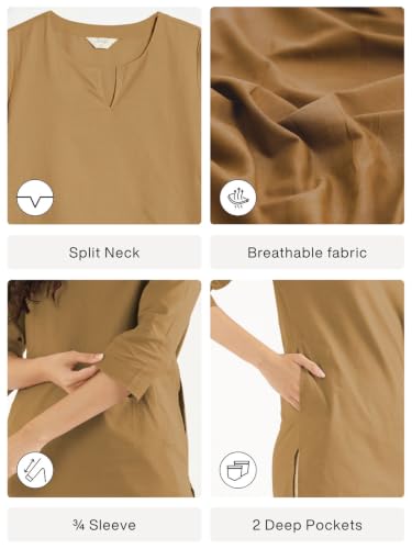 Image of SAADAA Airy Linen Mid Thigh Length Kurta for Women | Stylish Split Neck, 3 /4 Sleeves & Side Pockets | Comfortable Everyday Wear Kurta | Breathable Fabric |