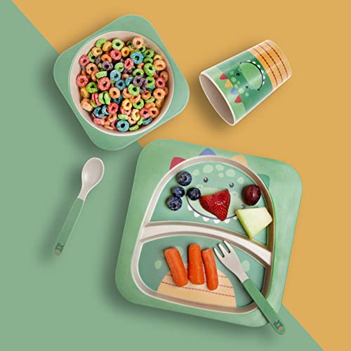 Little Me 5-Pack Bamboo Dinnerware Set - Dishwasher Safe Kids Dishes & Utensils - Dinosaur Plate, Bowl, Cup, Spoon & Fork #TOP1