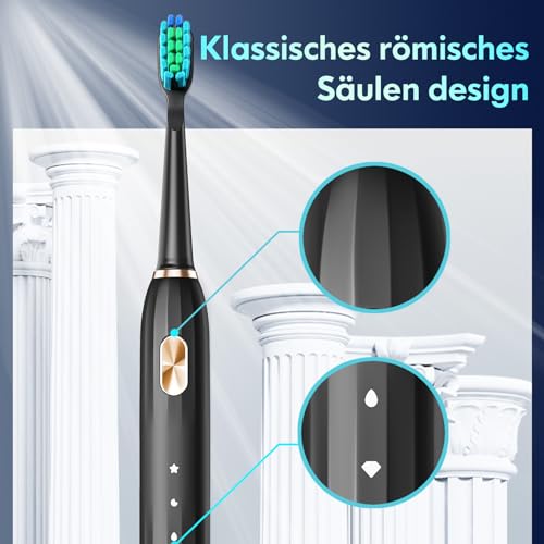 Ultraschall Zahnbürsten Ultraschallzahnbürste Elektrische Zahnbürste Schallzahnbürste für Erwachsene und Kinder mit 5 Putzmodi Integrierter Timer und 9 Zahnbürstenköpfen (Schwarz) – Bild 4