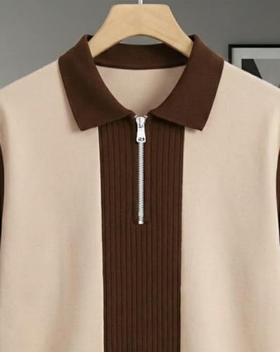 AUSK Women's Zip Neck Polo T-Shirt Beige Beige & Brown - Image 5