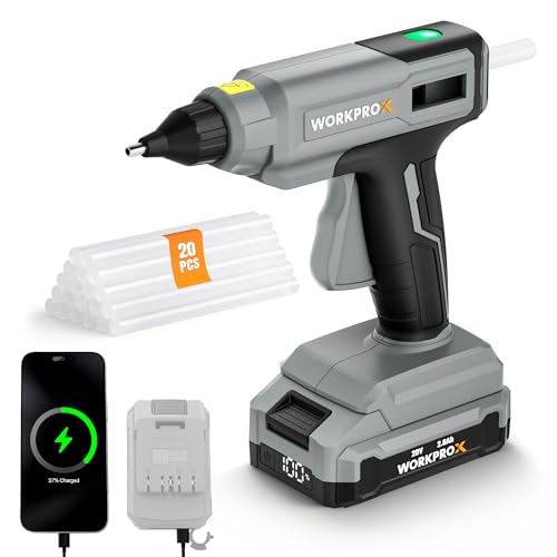 WORKPROX Heißklebepistole Akku Kabellos 20V Akku Klebepistole mit 20 Klebesticks 100s Schnelle Aufheizung Schnelle Klebstoffabgabe mit Sicherheitsschutz 2000 mAh Akku für Handwerk Dekoration