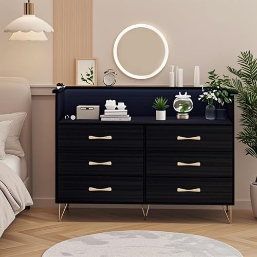 Image of Dresser for Bedroom with 6 Drawers, Wide Wood Chest of Drawers with Charging Station & RGB LED Lights - Storage and Organization Dresser for Living Room, Closet, Hallway, MDF Cabinet, Black