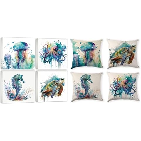 YOOOAHU Watercolor Ocean Animal Wall Art 4 Pcs and Ocean Beach Theme Pillow Covers 4 Set Cover