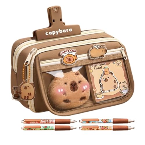 XIAOXIAOYU Estuche de peluche Capybara, Estuche de lápices Capybara – Estuche de lápices de 9 capas divertido y original – Estuche de lápices multicapa impreso Capybara, portabolígrafos para, Café