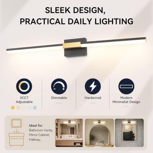 Image of SOLFART Bathroom Light Fixtures 40-Inch: Black and Gold 5CCT Dimmable Vanity Lights for Bathroom, Solid Frosted Acrylic, Built-in Dimmer, 360 Degree Rotation, ETL IP44