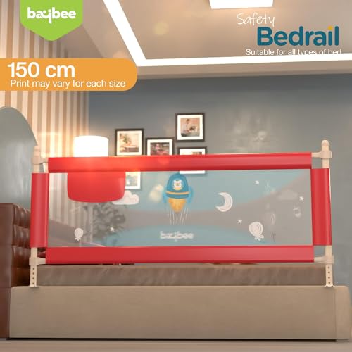 Image of BAYBEE Baby Bed Rail Guard (150Lx63Hcm), Bedrail for Baby Toddlers Safety, Portable Kids Bedrail Safeguard Fence with Adjustable Height | Foldable Single Side Bed Protector for Newborn Babies (Red)