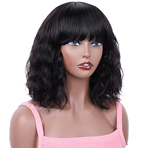 Loose Short Bob Wavy Wigs Water Wave Human Hair Wigs with Bangs 100% Unprocessed Brazilian Human Hair Natural Hairline Glueless Wigs for Women