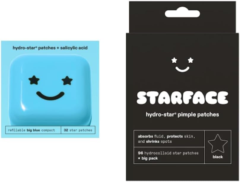 Starface Hydro-Star Salicylic Acid Patches + Big Blue Compact (32 ct) and Black Star Hydrocolloid Pimple Patches Big Pack (96 ct), Shrink Spots, Reduce Redness, Absorb Fluid