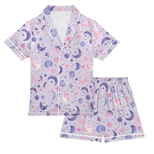 Bright Purple Moon Summer Satin Pajama Set, Cute Button-Down Sleepwear Pj Set for Sleep Wears