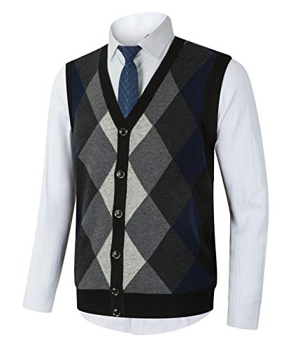 Yingqible Mens Casual Slim Fit Wool Cardigan V-Neck Argyle Knit Sweater Vest with Front Button Black