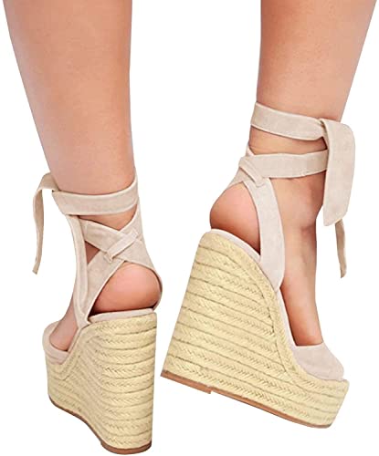 Image of SERAIH Womens Lace up Espadrilles Platform Wedges Sandals Heels Tie Ankle Strap Summer Dress Shoes