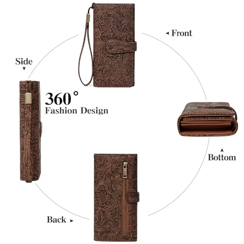 Image of Wristlet Wallet for Women Leather Clutch Purse Trifold Card Holder RFID Blocking Large Capacity Brown