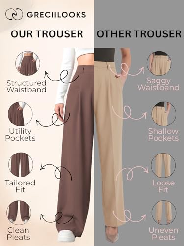 Image of GRECIILOOKS Trousers for Woman | Womens High Rise High Waist Flared Korean Style | Formal Pant for Women Office Wear| Track Pants for Womans Elegant for College & Events (Available in Plus Size)