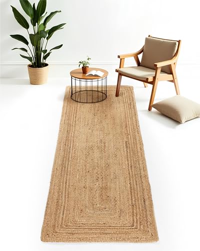 CarpetFine Tapis Jute Nele Couloir Couleur Naturelle Beige 60x180 cm tissé à la Main en Jute | Tapis Naturel Moderne uni de Style Boho pour Salon et Chambre.