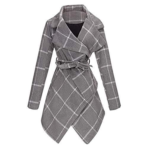 Winter Warm Jacket,Women's Turn Down Collar Grid Coat Belted Wool Blend Coat Asymmetric Hem Wrap Coat (S, Gray02)