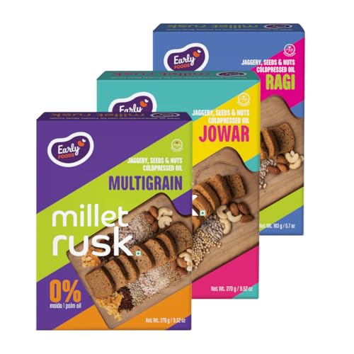 Early Foods - Pack of 3 : Ragi, Jowar & Multigrain Rusks | Millet Rusk Sugar Free | No Maida Toast | Rusks for Kids | Millet Toast Biscuits 163g x 3