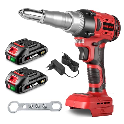 ONEVAN remachadora bateria, 20000N pistolas de remache electrica con baterias 2x 1.5Ah, carrera 18 mm, sin escobillas, remachadora automatica inalambirca para remaches de 2.4-5 mm