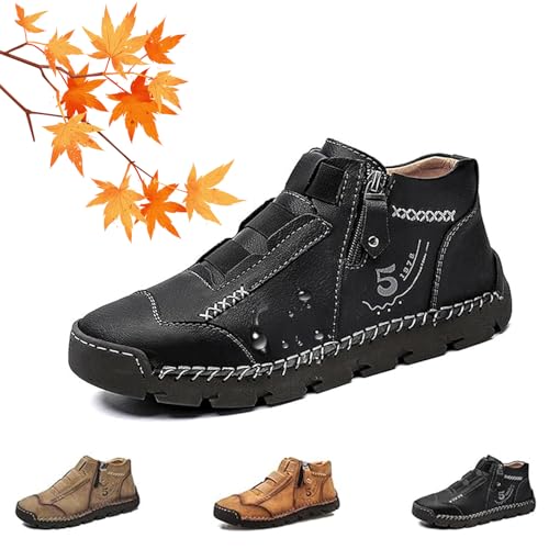 Matufit Shoes for Men, Men's Genuine Leather Waterproof Non-Slip Fashionable Orthopedic Shoes, Hand-Stitched Leather Side Zip Slip-On Flats Boots