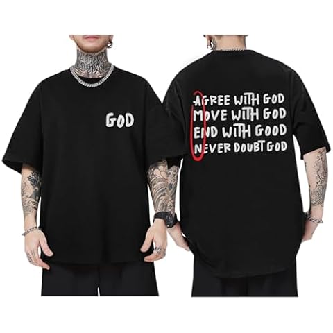 Jinluth Christian Shirts for Men Inspirational God Faith Jesus Shirt Vintage Oversized Graphic T-Shirts Agree with God Tops(Black,L) Cover