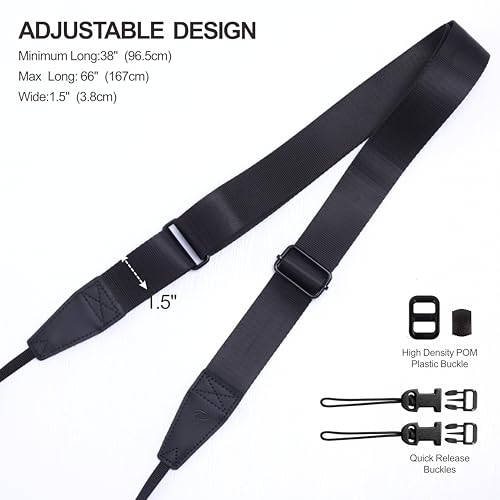 Image of Padwa Lifestyle Black Adjustable Camera Strap - 1.5 inch Top Layer Cowhide Head Camera Straps for Photographers, Nylon Adjustable Neck Shoulder & Crossbody Strap Quick Release for All Cameras