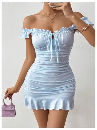 Image of Floerns Women's Floral Print Off Shoulder Milkmaid Dress Ruched Ruffle Hem Bodycon Mini Dress
