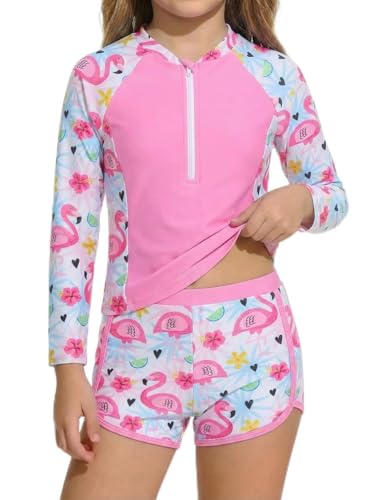 JiAmy Girls Swimsuit 2 Piece Rash Guard Set Long Sleeve UV Sun Protection Swimwear with Shorts Half Zip Mermaid Unicorn Flamingo Floral Bathing Suit 5-6 Years,Pink-Flamingo