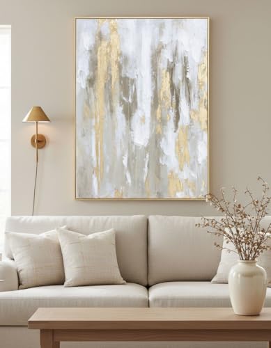 Image of Zessonic Gold Abstract Wall Art - Framed Texture Paintings Modern Canvas Artwork with Hand-Painted Gold Foil for Modern Style Decor, Ready to Hang