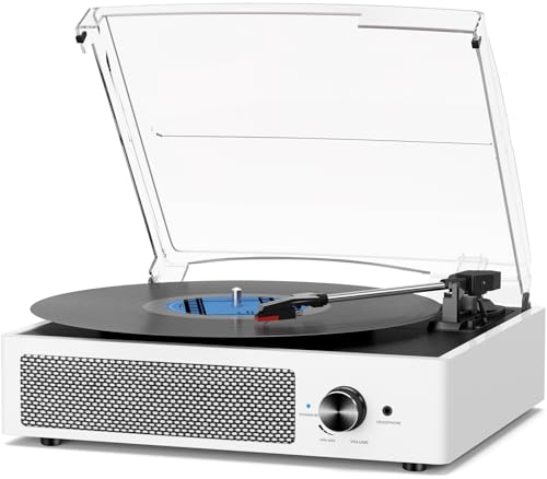Record Player with Speakers Vintage Belt-Driven Turntable Bluetooth 3 Speed 3 Size Wireless Playback AUX-in RCA Out Headphone LP Vinyl Players Auto Stop Fashion White