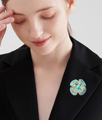 Image of Baroque Turquoise Bead Brooch Pin for Women Men Gold Tone Fashion Blue Birthstone Geometric Filigree Brooches Lapel Pins Dainty Dress Accessories Birthday Anniversary Jewelry Gift