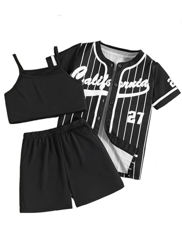 Image of Hilinker Girls Graphic 3 Piece Outfits Short Sleeve Striped Cardigan and Crop Cami with Shorts Set