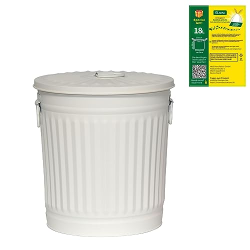 Jinfa 1 Seau métallique revêtu par poudre avec poignées et couvercle au design rétro + 5 sacs poubelle | Crème Blanc | Ø 30 cm | Capacité 18L