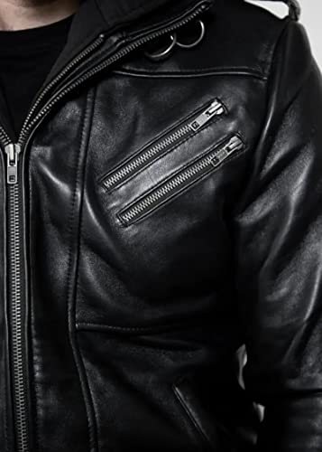 Image of Mens Genuine Black /Brown Hooded Bomber Leather Jacket Real Lambskin Waxed with Removable Hood