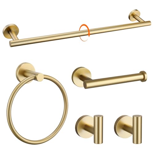 Aretes, Video On Demand TNOMS Oro Cepillado Juego de 5 Piezas para Baño, Toallero de Acero Inoxidable SUS304, Kit de Accesorios de Baño de 24 Pulgadas para Montaje en Pared