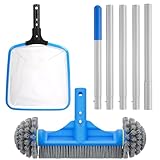 TidyMister 3PCS Cleaning Kit - 12.5'' Brush With Round End & 11'' Skimmer Net Fine Mesh & 5.7 Feet Thick Aluminum Pole 5-Segment, for Above Ground & Inground Pools Ponds